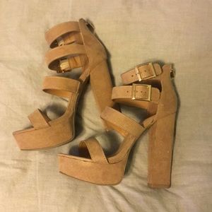 Nude Suede Strappy Platform Chunky Heels